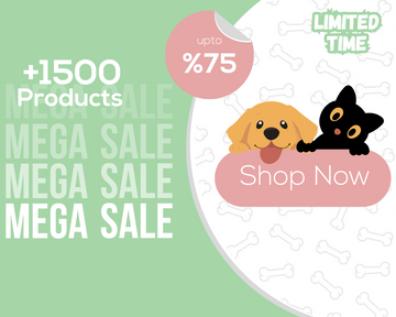 Promotional graphic with cartoon dogs, sale text, and a 'Shop Now' button on a green background.