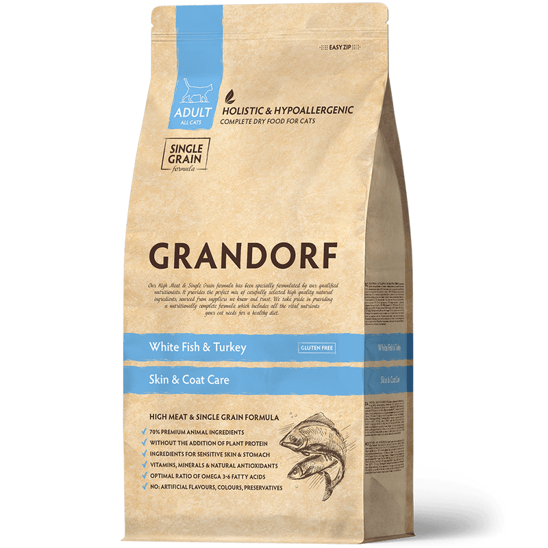 Grandorf White Fish - Skin & Care Adult Indoor Cat 2kg - طعام جاف للحيوانات الأليفة - Zue For Pet Supplies Co.
