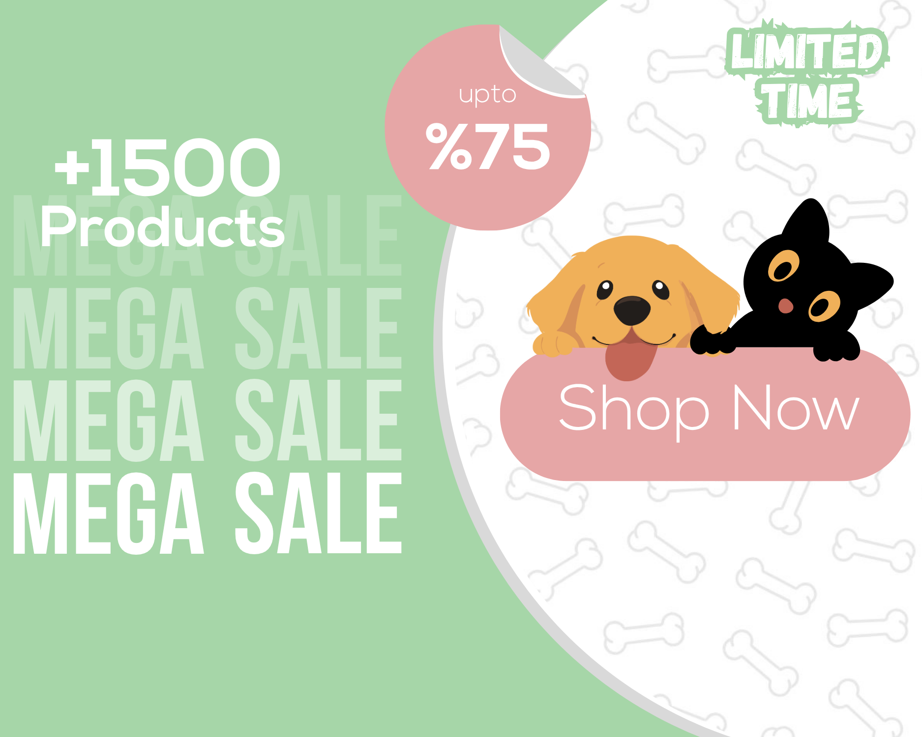 Promotional graphic with cartoon dogs, sale text, and a 'Shop Now' button on a green background.